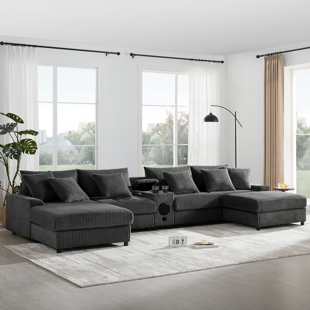 U-Shaped Cloud Corduroy Sectional Sofa with Console, Cup Holders, Bluetooth Speakers, Charging, Storage Ottoman, Deep Seats Sofa