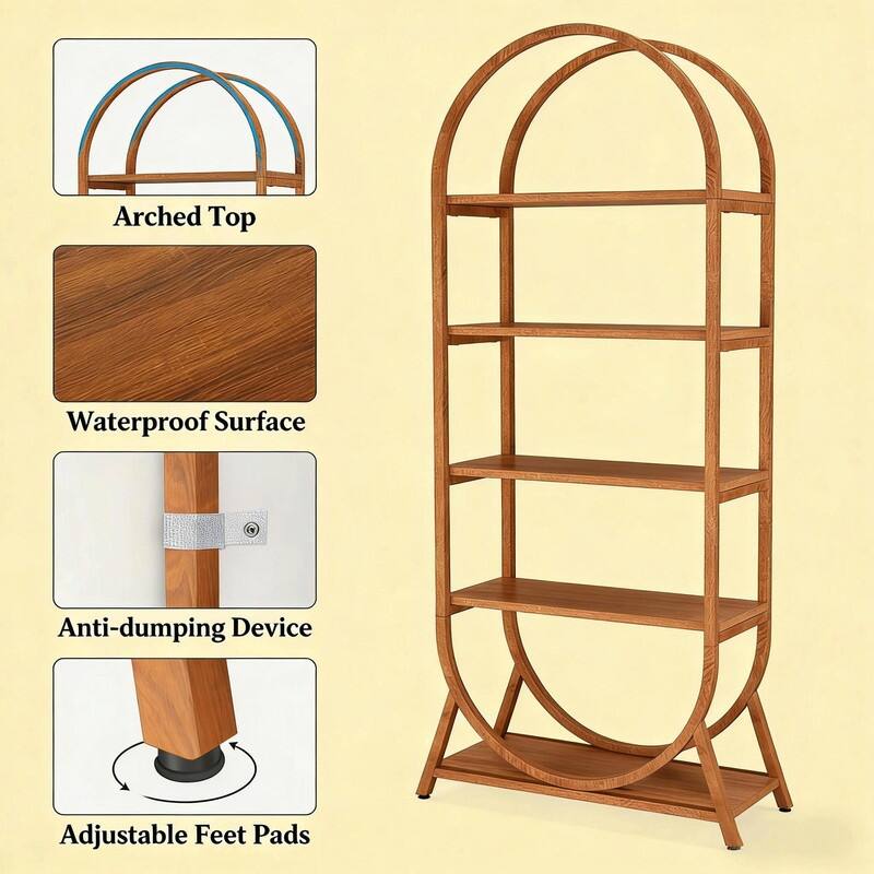 5-Tier Curved Bookcase, Tall Narrow Bookshelf with Metal Frame