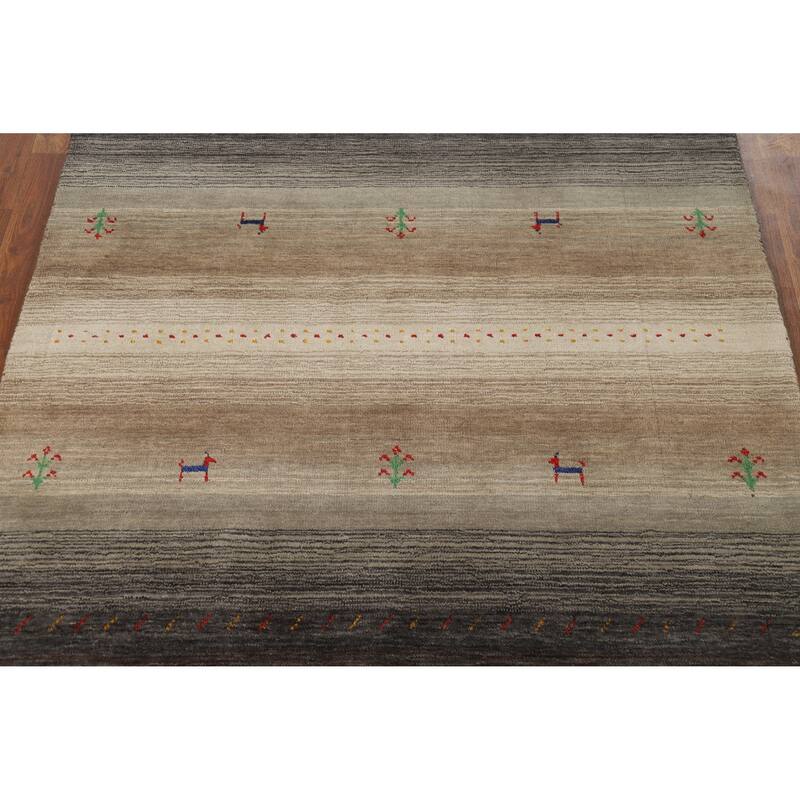 Stripe Brown Gabbeh Indian Rug Handmade Wool Carpet - 4'1" x 5'10"