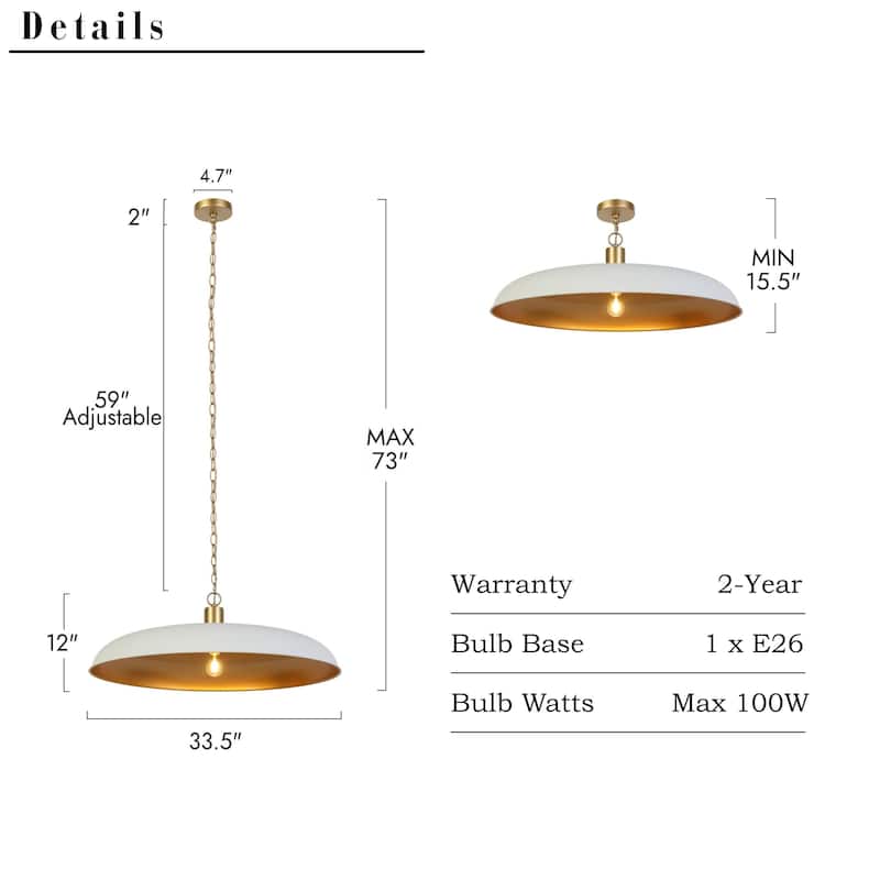 Modern 1-Light Chandelier White Gold Oversized Pendant Light Disc Kitchen Island Light for Dining Room - 33.5 " × 12 "