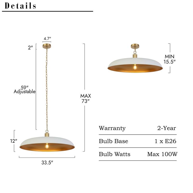Modern White Gold Oversized Pendant Light Disc Kitchen Island Light for Dining Room - 33.5 " × 12 "