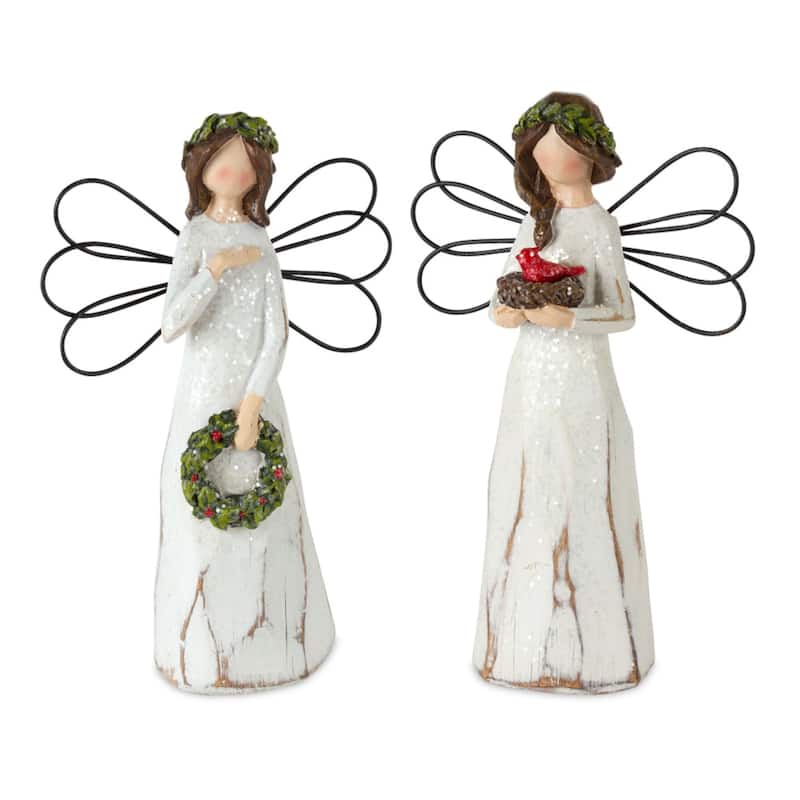 Set of 6 Brown and White Rustic Glittering Angels 7"