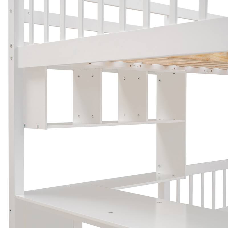Full Over Twin Bunk Bed with Desk, Drawers, and Shelves in White
