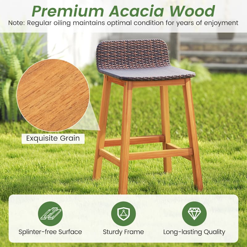 Gymax Solid Acacia Wood Bar Stools Set of 2 Rattan Bar Height Patio