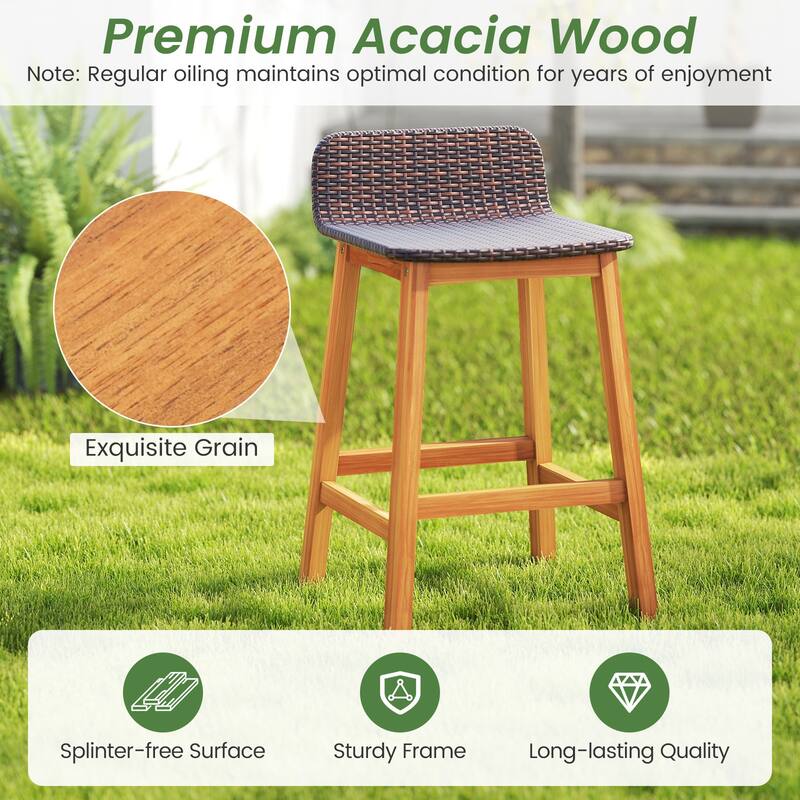Gymax Solid Acacia Wood Bar Stools Set of 4 Rattan Bar Height Patio