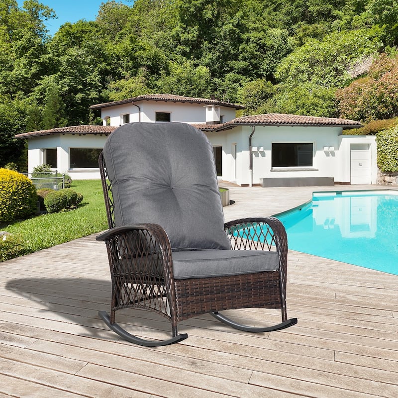 Outsunny Outdoor Wicker Rocking Chair with Widen Seat, Thickened Cushion, Rattan Rocker with Steel Frame - Grey