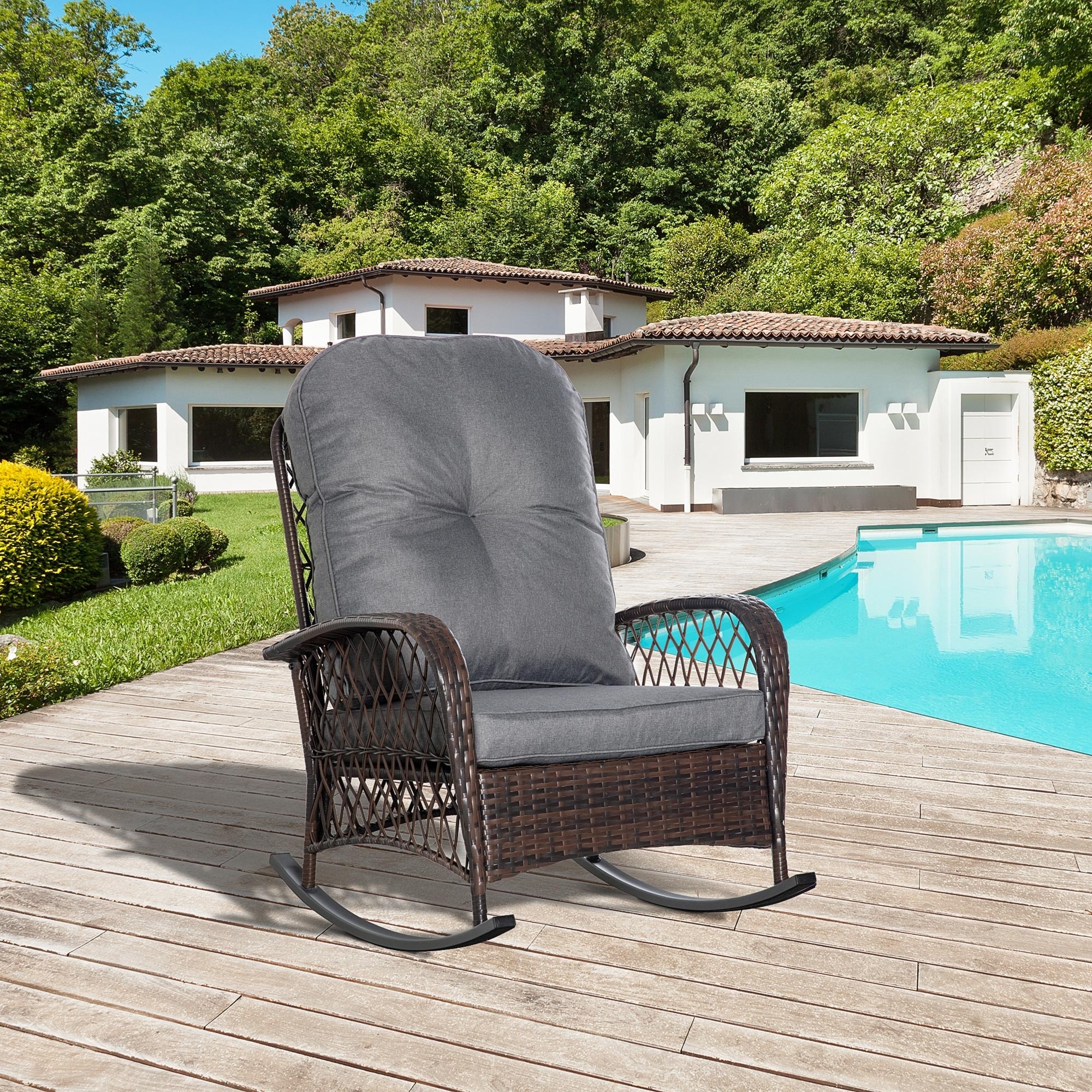Outsunny Outdoor Wicker Rocking Chair with Widen Seat, Thickened Cushion, Rattan Rocker with Steel Frame