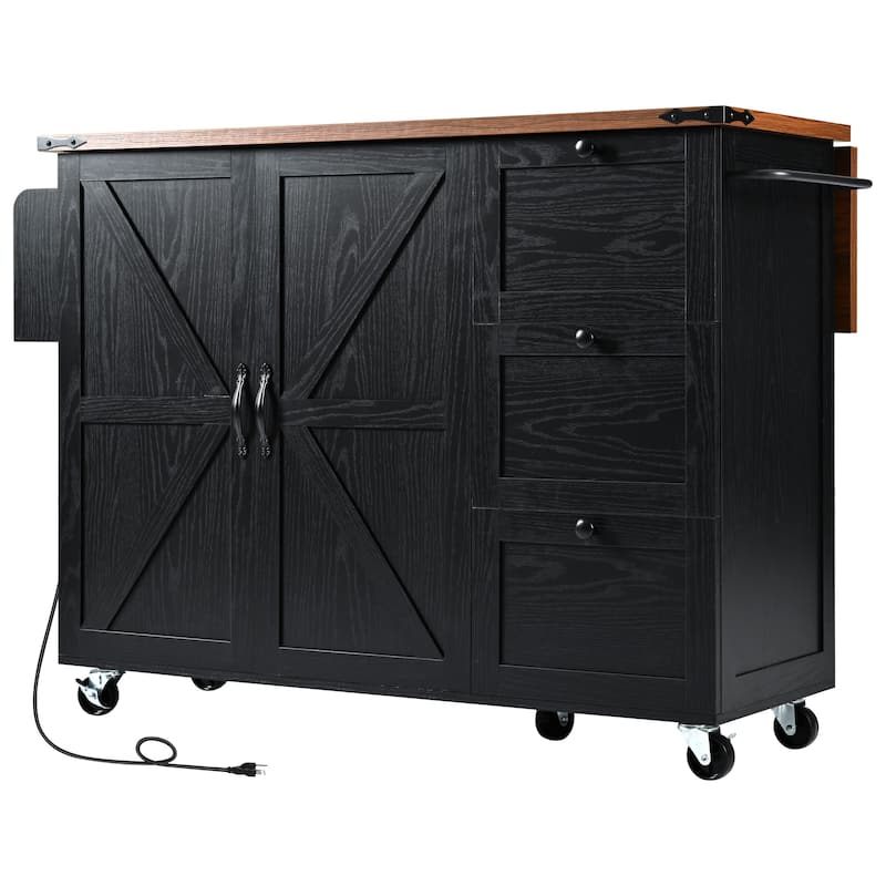 Anmytek Black Farmhouse Kitchen Island Cart with Drop Leaf and Outlets - Rolling Cart with Drawers and Spice Storage