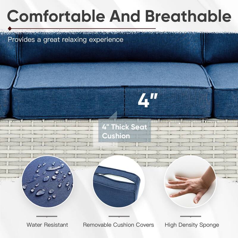 3 Pieces Outdoor Wicker Sofa with Ottomans Light Grey - Blue - Light Grey