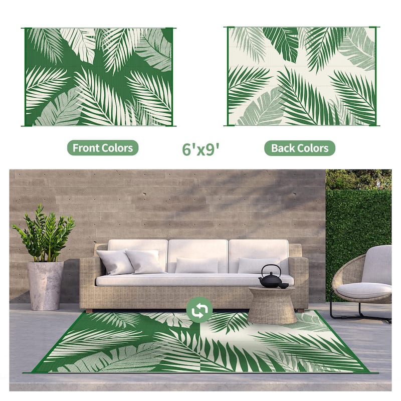 Mcow Palm Leaf Collection Reversible Woven Waterproof Outdoor Area Rug