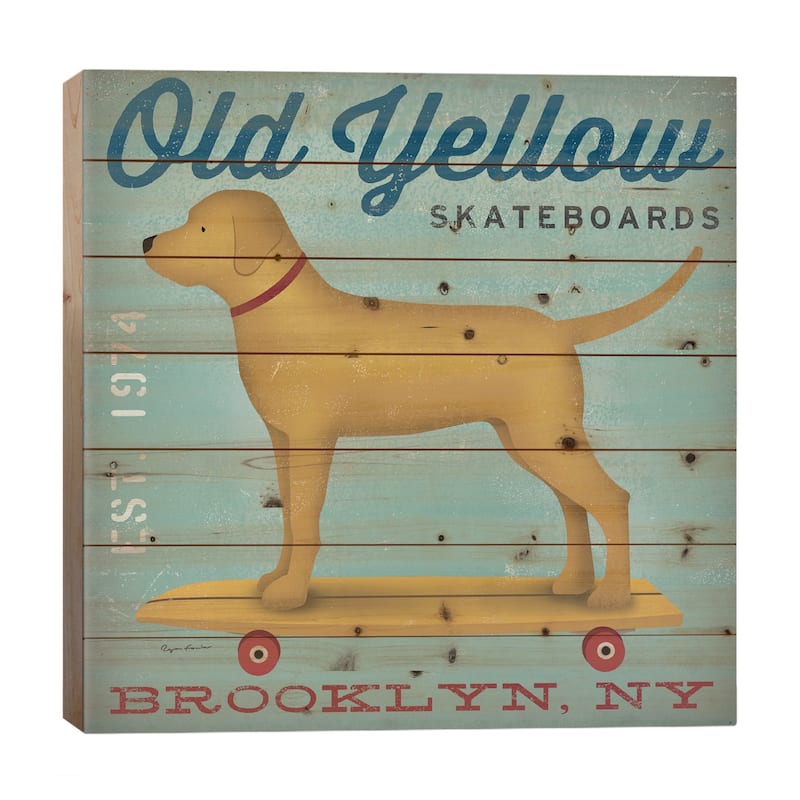 Golden Dog On Skateboard Print On Wood by Ryan Fowler - Multi-Color - 26x26x1.5