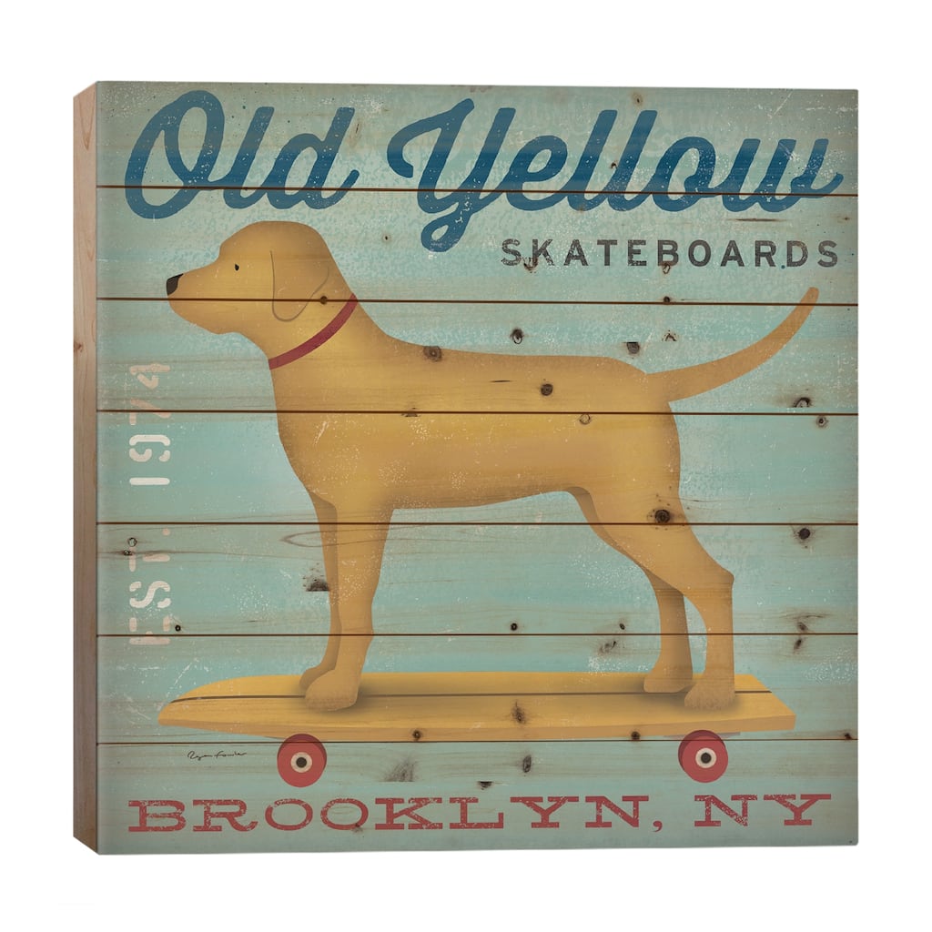 Golden Dog On Skateboard Print On Wood by Ryan Fowler - Multi-Color