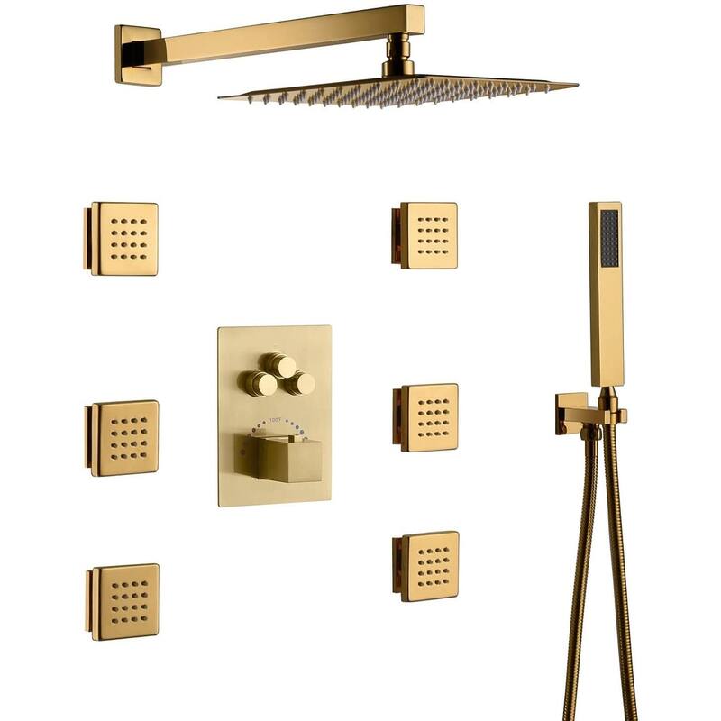 12" In Wall Rainfall 3 Way Thermostatic Faucet Shower System w/ 6 Body Jets - Polished Gold