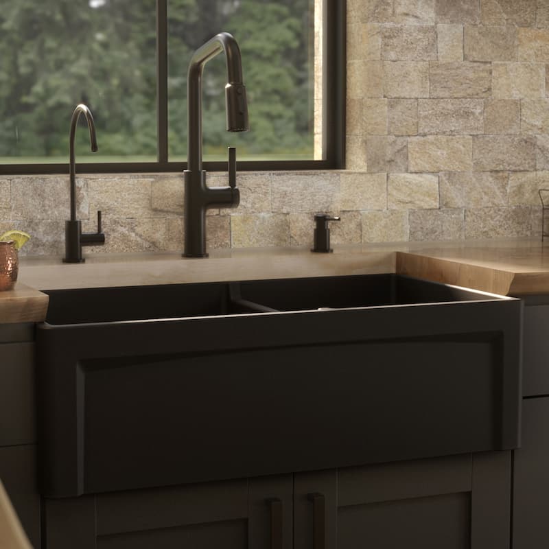 Karran 33" Double Bowl Panel Front Farmhouse Fireclay Kitchen Sink with Reversible Apron Front