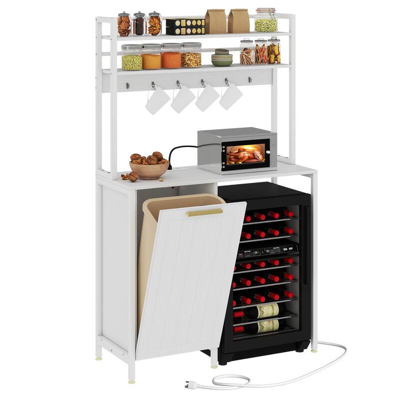 Kitchen Baker's Rack with Mini Fridge Space Trash Can Cabinet and Charger Station for Dorm or Small Space Organization