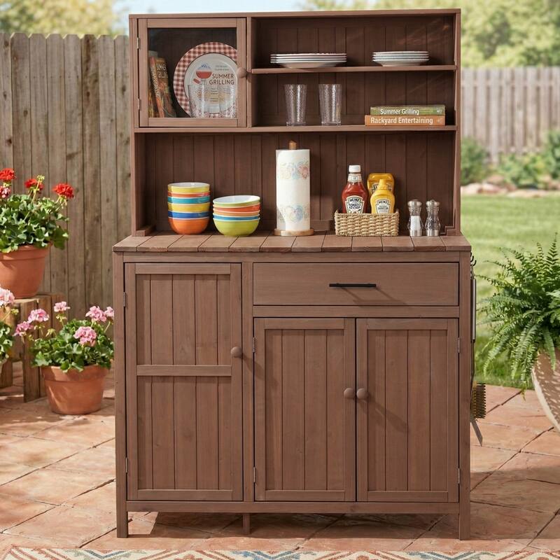Roomfitters 65" Garden Potting Bench with Storage Hutch, Outdoor Potting Table & Prep Station, Drawer, Cabinet, Shelves