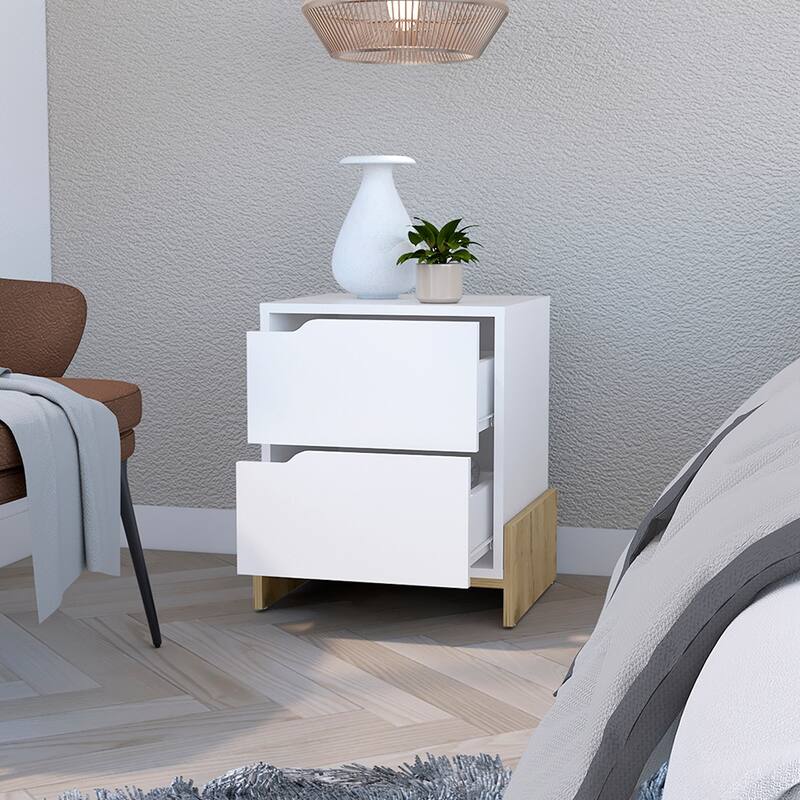 White & Macadamia Nightstand with 2 Drawers, Sturdy Base and Spacious Top - Multicolor
