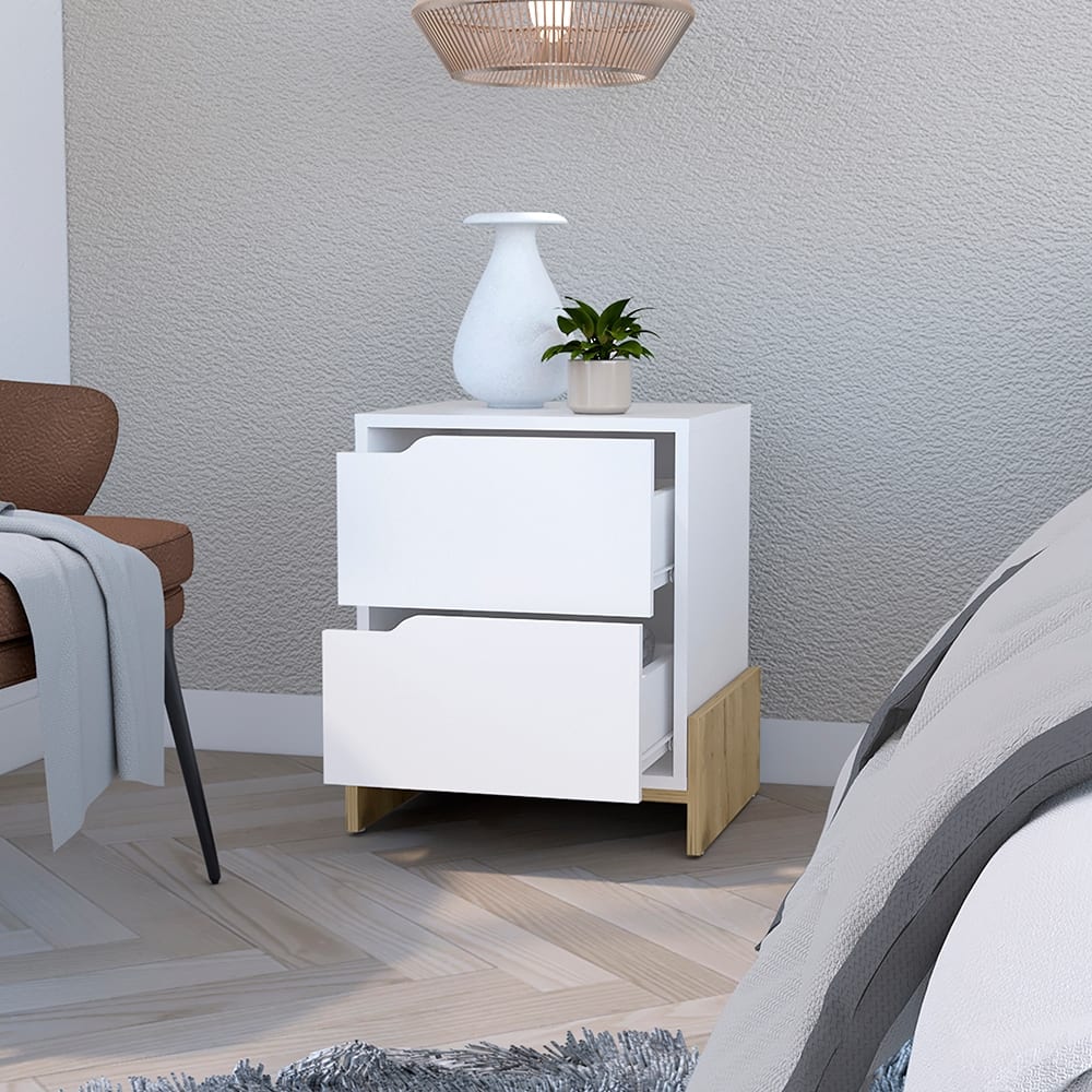 White & Macadamia Nightstand with 2 Drawers, Sturdy Base and Spacious Top