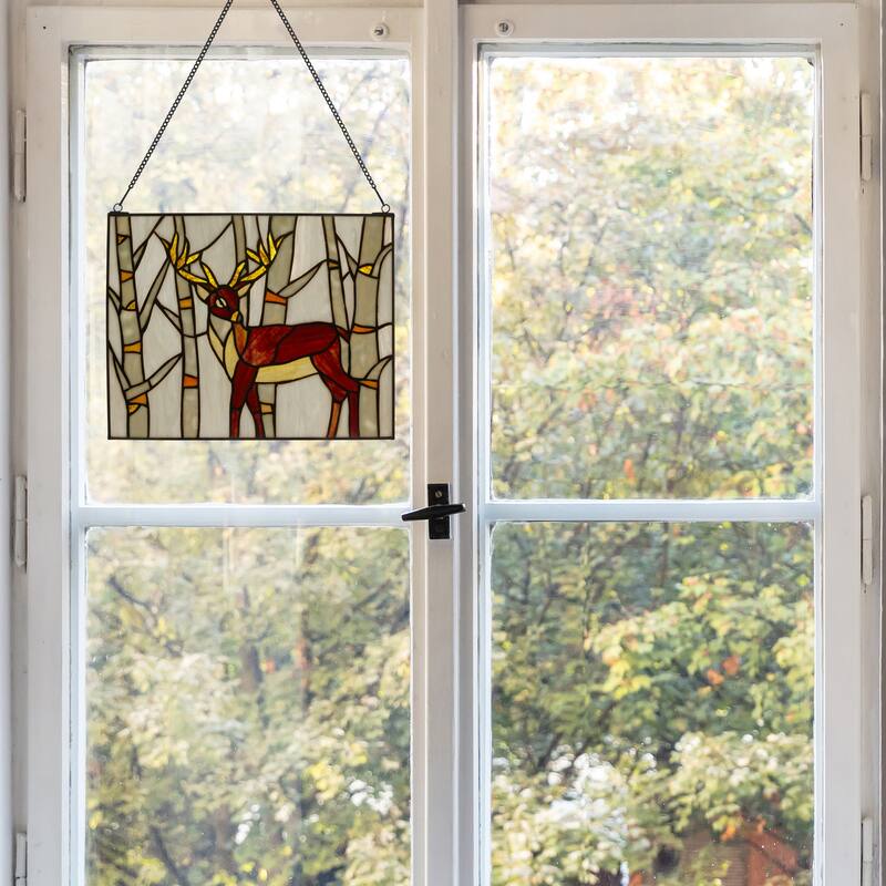 River of Goods Woodland Stag River of Goods Brown and Amber Stained Glass Window Panel - 14" x 0.25" x 11"
