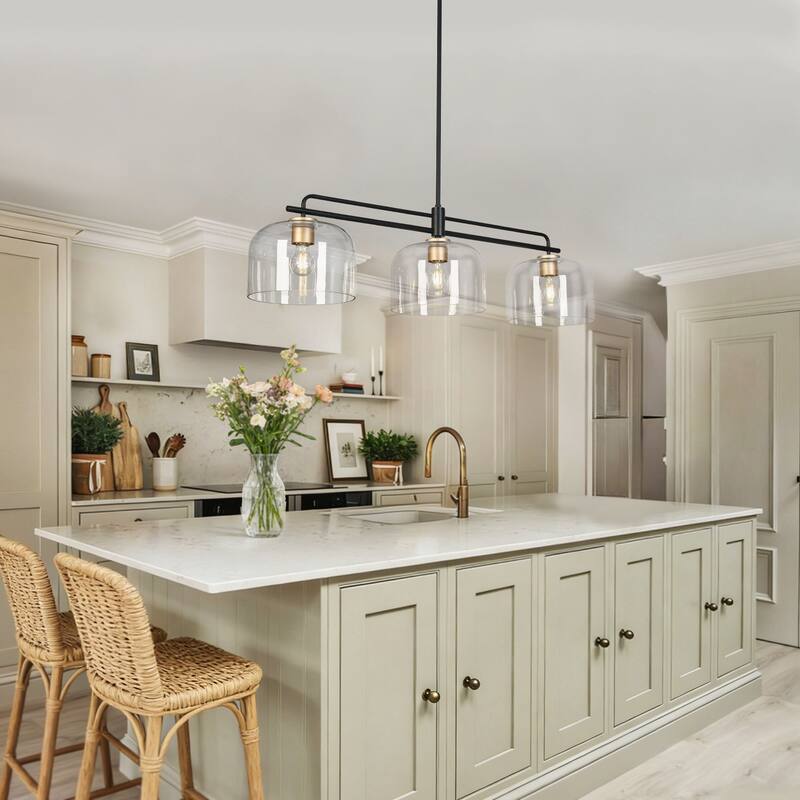 Modern Black 43" Oversized 3-Light Chandelier with Bowl-Shape Shade Kitchen Island for Dining Room - 43.3 " × 10.2 " × 11 "