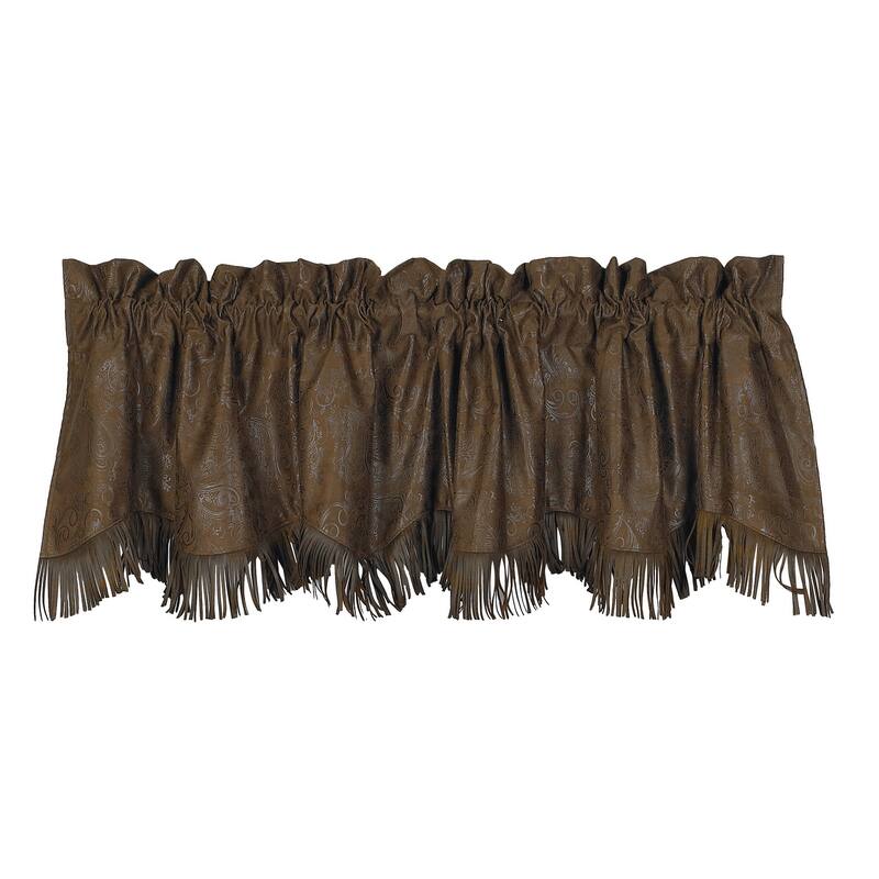 Paseo Road by Hiend Accents Fringed Tooled Chocolate Brown Faux Leather Valance, 18" x 84", 1PC