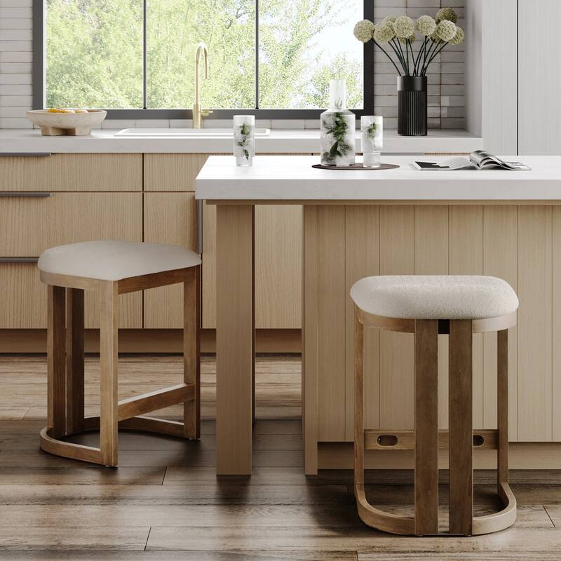 Veya Modern Barrel Bar Stool with Solid Wood Legs and Boucle Upholstery - Set of 2 - Backless