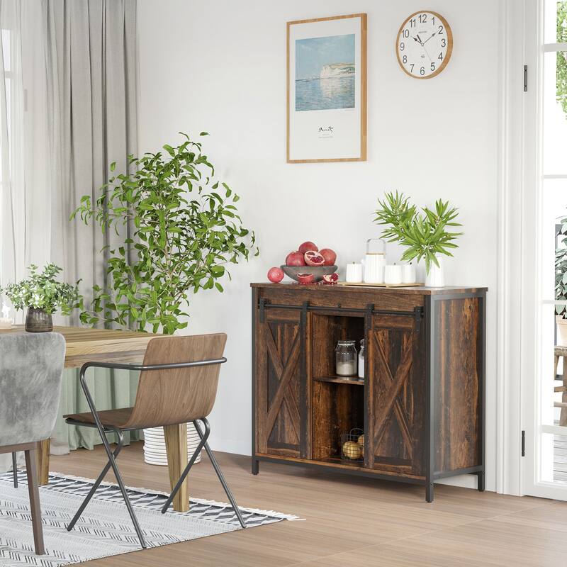 Rustic Kitchen Cabinet with Sliding Barn Doors and Adjustable Shelves, Coffee Bar Cabinet for Dining Room or Living Room