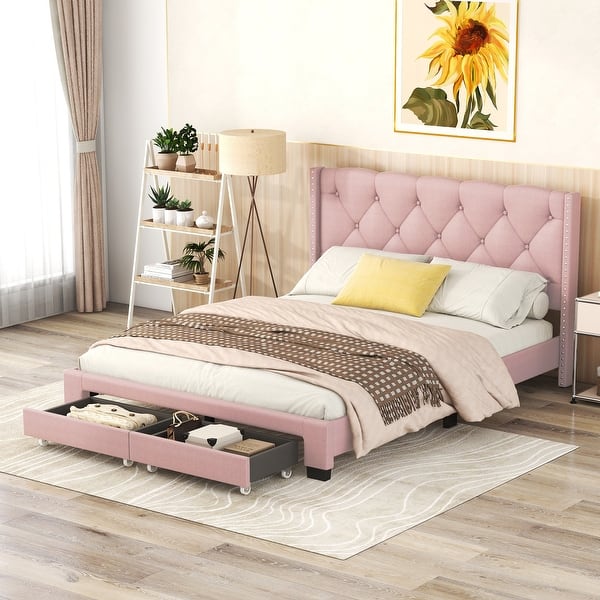 slide 2 of 19, Queen Size Upholstered Platform Bed, with Button Tufted Upholstered Headboard and 2 Drawers, Pink