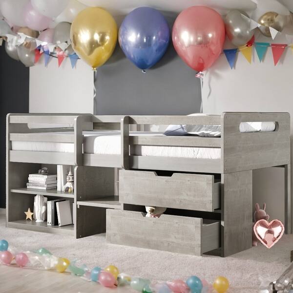 slide 2 of 9, Twin Size Loft Bed With Two Shelves and Two drawers for Home Antique Grey