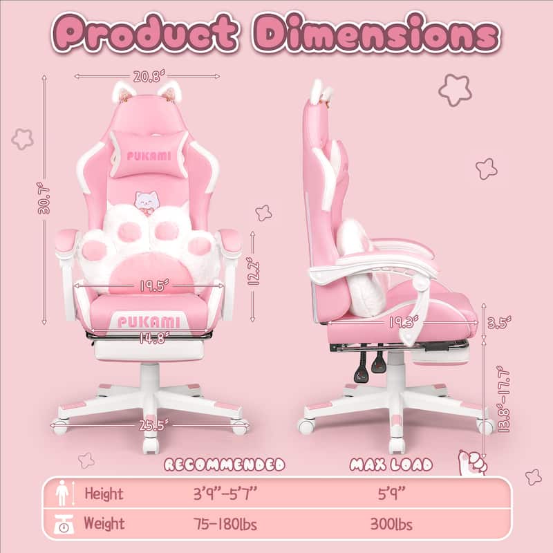 BOSSIN Gaming Chair with Cat Ears and Cat Paw Cushion Pillow,Cute Kawaii Reclining Computer Chair for Girl with Footrest