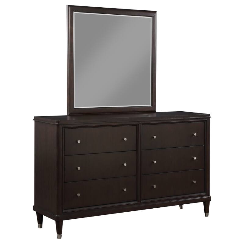 Amber Wide Dresser with Mirror, 6 Drawers, Brown Wood, Silver Knobs