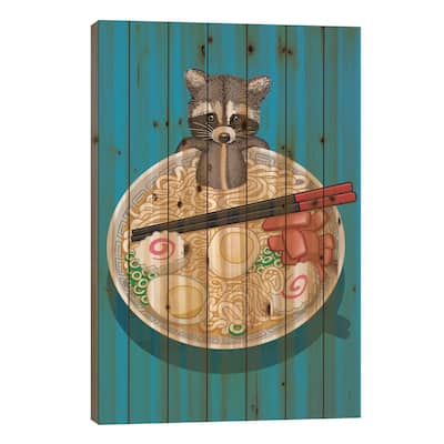 Raccoon Ramen Print On Wood by Alberto Perez - Multi-Color