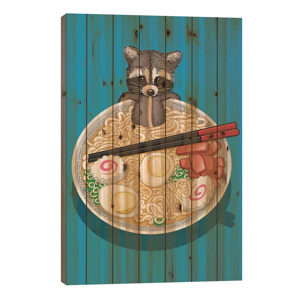 Raccoon Ramen Print On Wood by Alberto Perez - Multi-Color