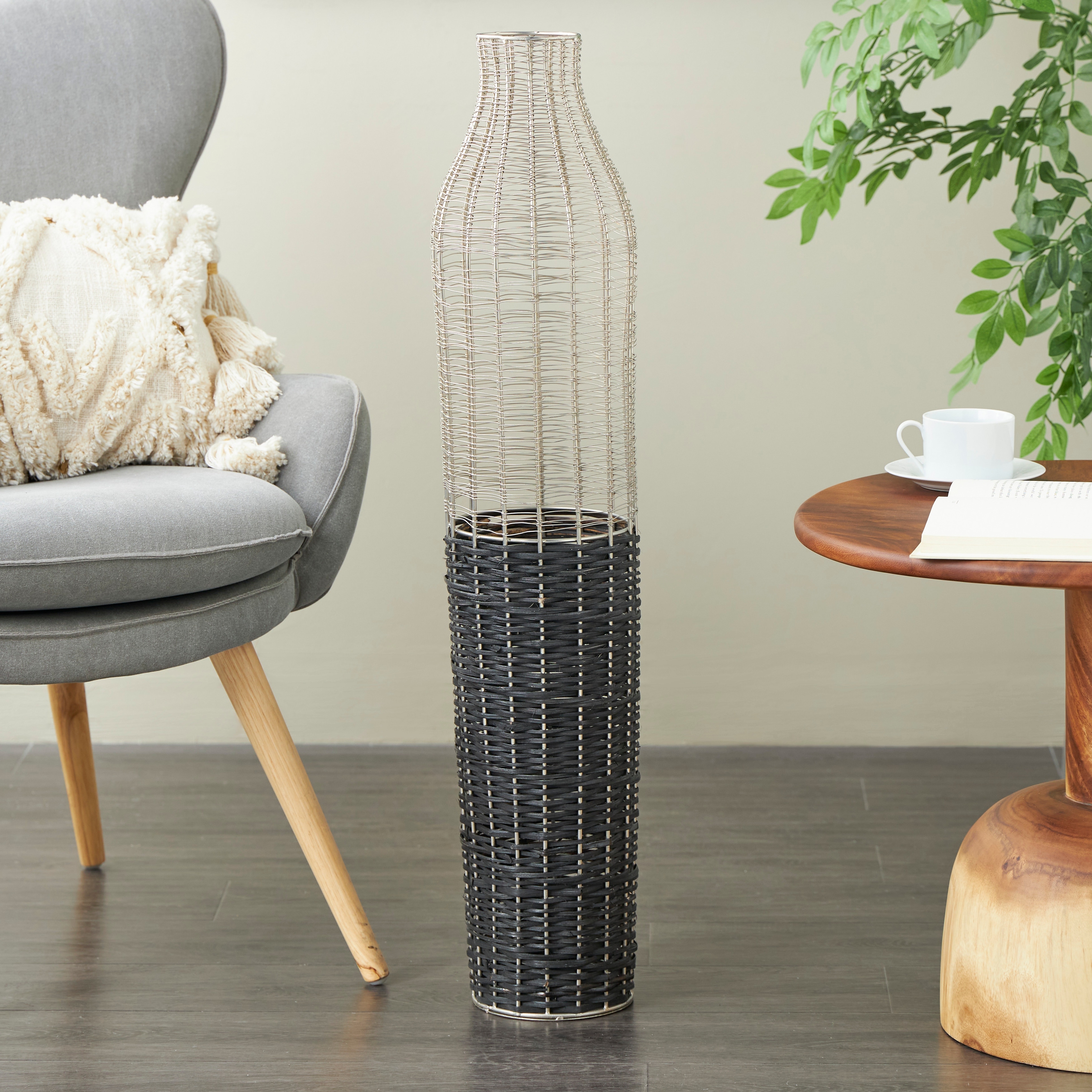 Silver Metal Tall Vase with Woven Black Rattan Base