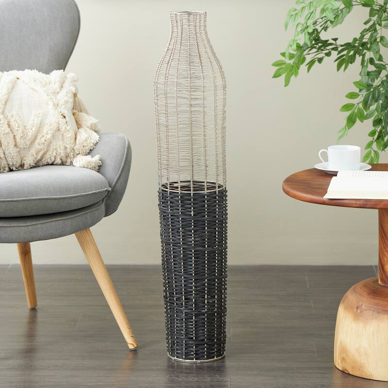 Silver Metal Tall Vase with Woven Black Rattan Base - Silver - 9"W,36"H