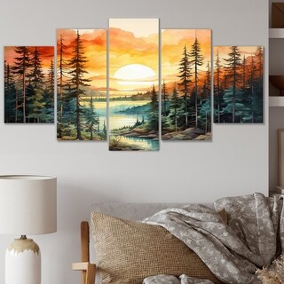 Designart "Pine Tree Sunset Glow II" Tree Pine Multipanel Canvas Art ...