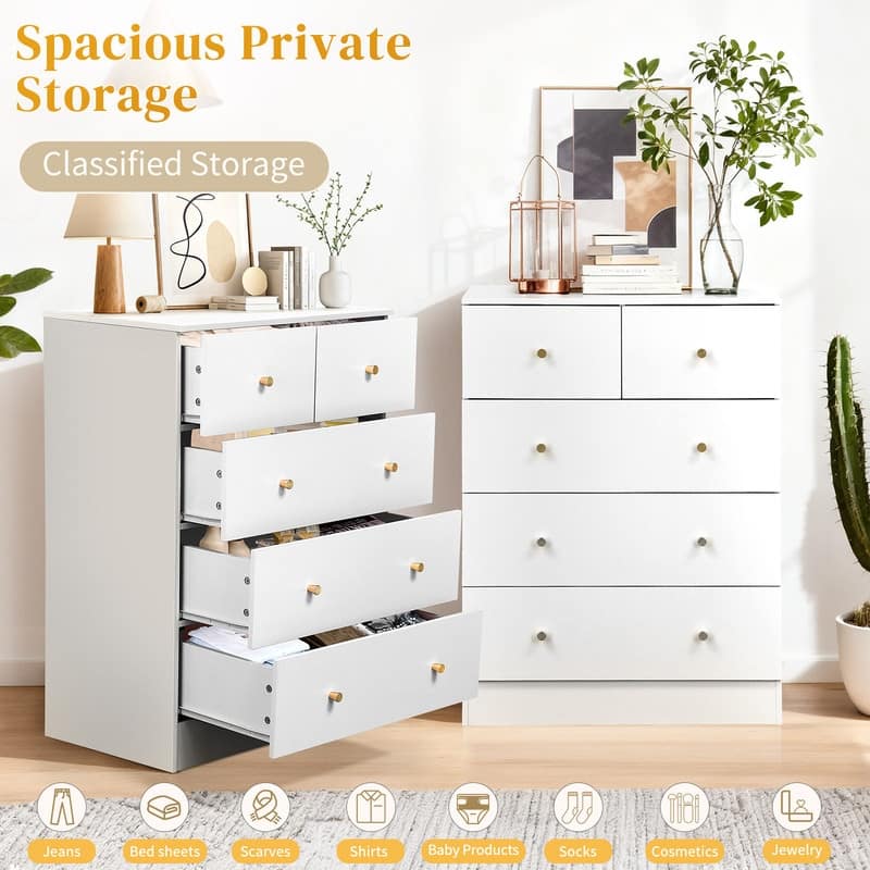 5-Drawer Dresser For Bedroom And Chest Of Drawers With Sturdy Construction Wood Storage Organizer For Closet