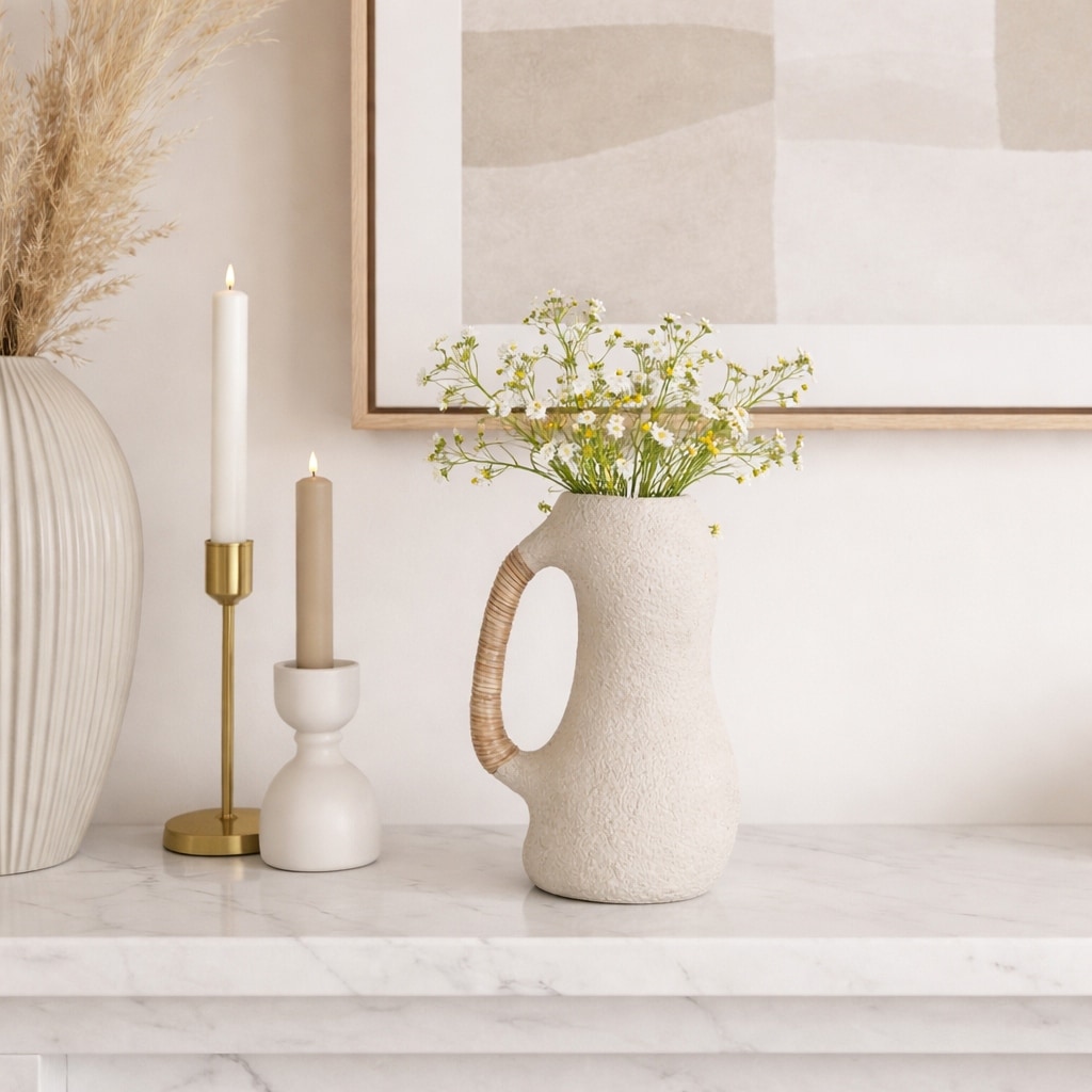 Decorative Vase - Ivory Ceramic Cane Wrapped Handle, 13 in.