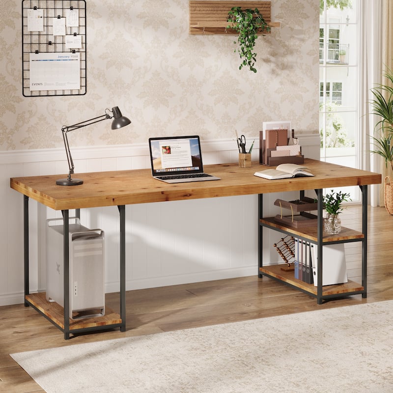 71'' Extra Long Desk with Shelves, Solid Wood Home Office Computer Desk