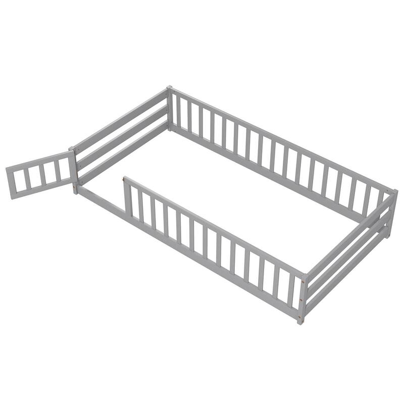 Costway Twin Size Floor Bed with Door & Fence with Safety Guardrails &