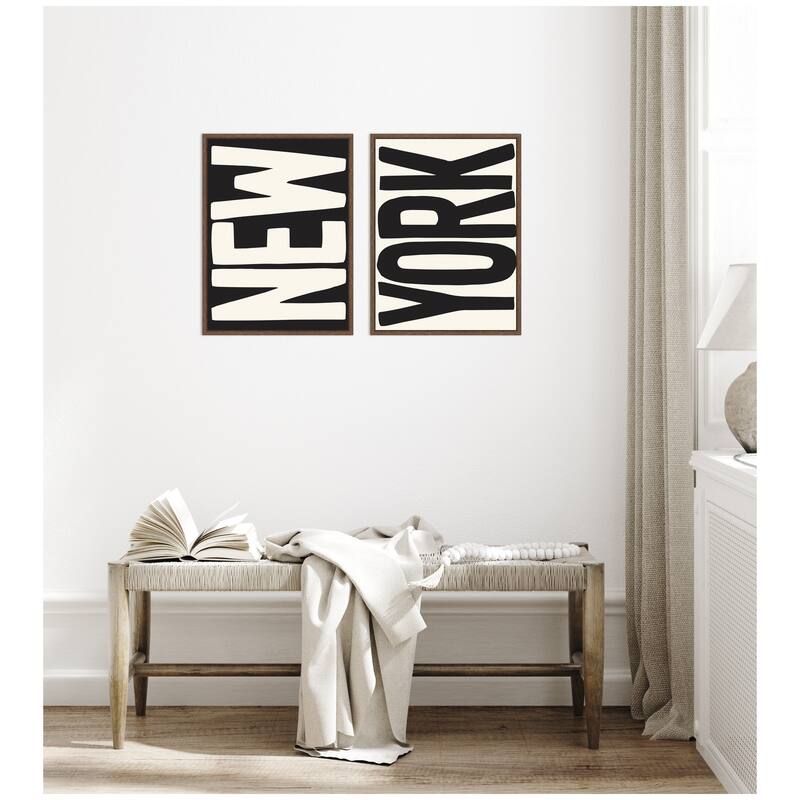 Kate and Laurel New York Set Print Travel City Typography Black and White 2 Piece Framed Canvas Wall Art Set by Lucky Guava