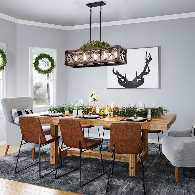 Modern Farmhouse 5-Light Wood Rectangle Chandelier Seeded Glass Kitchen Island Lights for Dining Room - 31.5" L x 8.75" W x 8" H