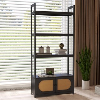 Mid-Century Modern Wood Bookshelf, Open Storage Shelf with Small Rattan Cabinet, Vintage Freestanding Display Tall Shelf
