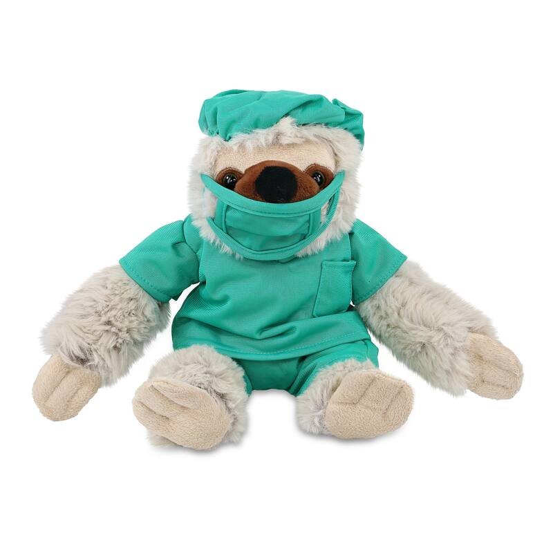 DolliBu Sloth Doctor Plush Toy with Cute Scrub Uniform and Cap Outfit - 7.5 inches