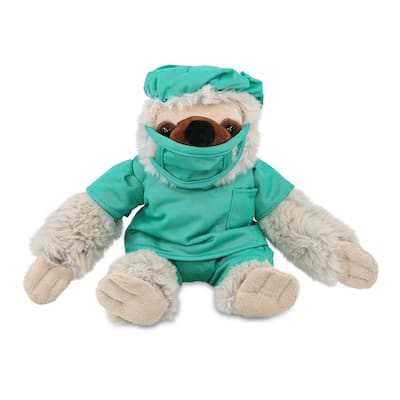 DolliBu Sloth Doctor Plush Toy with Cute Scrub Uniform and Cap Outfit - 7.5 inches