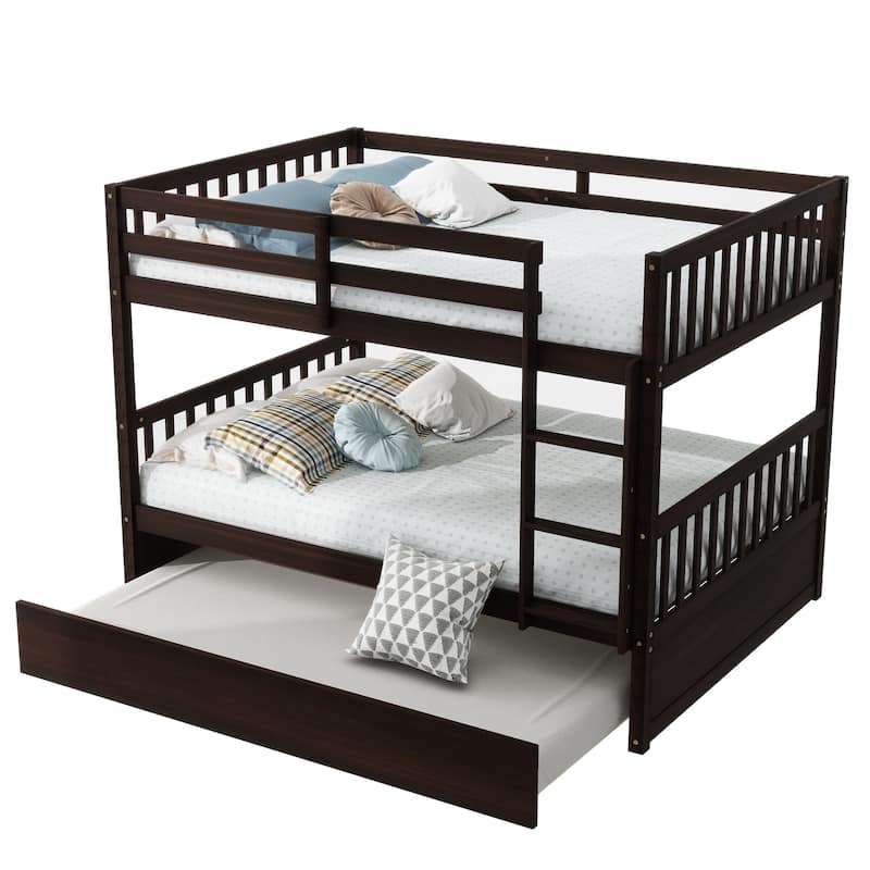 Full Over Full Rubber Wood Bunk Bed with Trundle, Ladder and Guardrails, Convertible to 2 Full Size Beds, with Twin Size Trundle