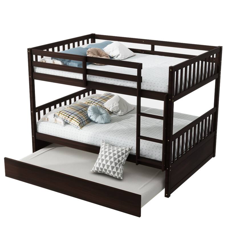 Rubber Wood Full Bunk Bed with Trundle Bed, Convertible Into 2 Separate Beds Frame, Twin over Twin Detachable Bunk Bed Frame