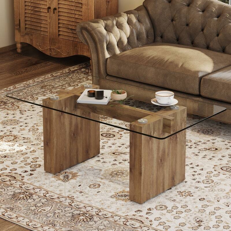 43.3" Length Tempered Glass Coffee Table with MDF Legs