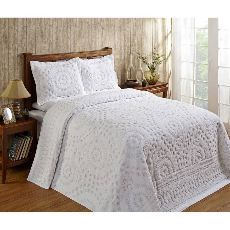 Better Trends Chenille Bedspread Set 100% Cotton Lightweight Soft Floral Bedding Design Tufted Coverlet Washable Rio Collection - White - King