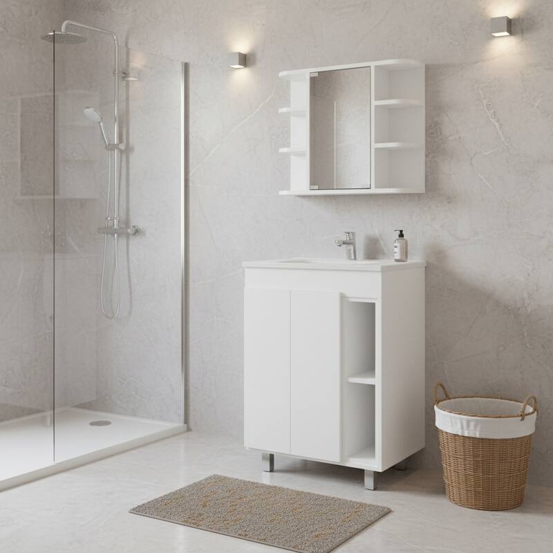 HomeRoots 24" White Wood Freestanding Bathroom Vanity With Sink And Medicine Cabinet With Mirror